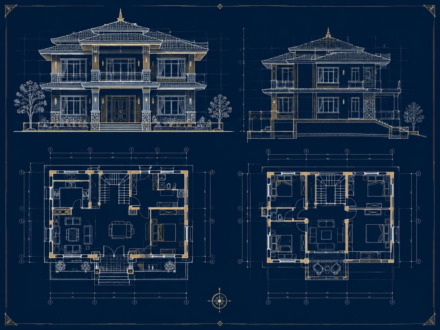 Architectural blueprint of a two-storey house with floor plans and elevations